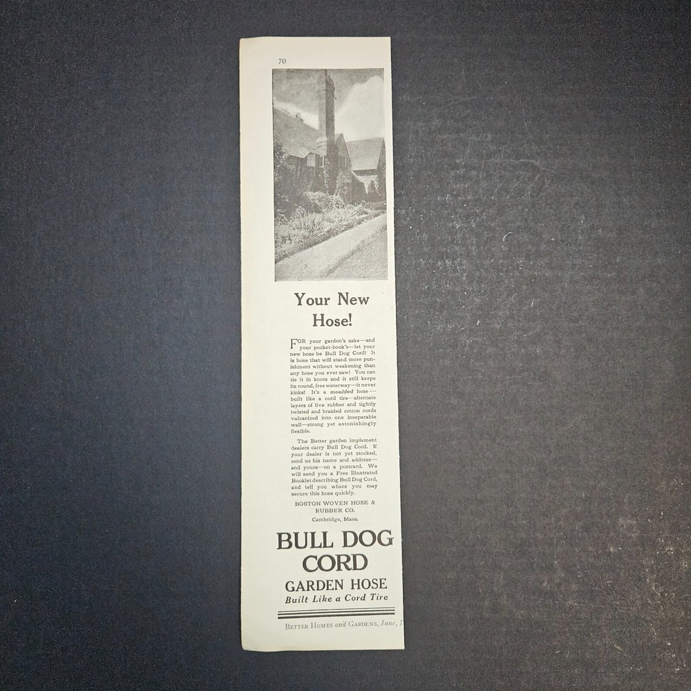 1930 Bull Dog Cord Garden Hose 1/3 Page Black & White Vintage Magazine Print Ad